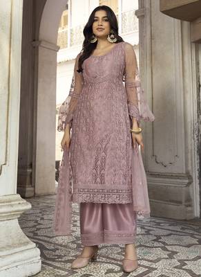 Onion Pink Net Embroidered Pakistani Salwar Kameez 1