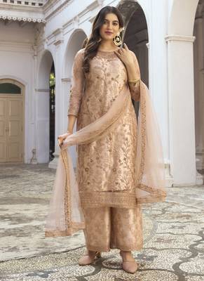Beige Net Embroidered Pakistani Salwar Kameez 1