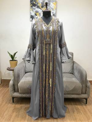 Grey Bell Sleeves Moroccan Kaftan  With Sun Proof Hijab 1