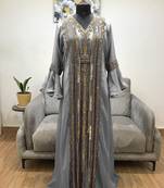 Grey luxurious Bell Sleeves Moroccan Kaftan  With Sun Proof Hijab.