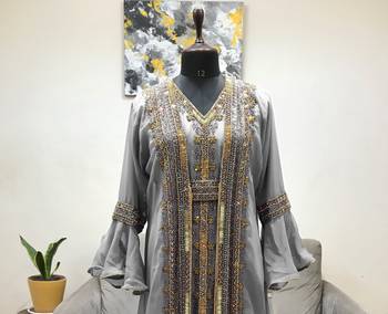 Grey Bell Sleeves Moroccan Kaftan  With Sun Proof Hijab 2
