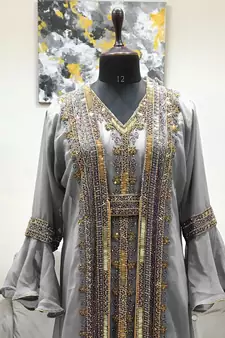 Grey Bell Sleeves Moroccan Kaftan  With Sun Proof Hijab