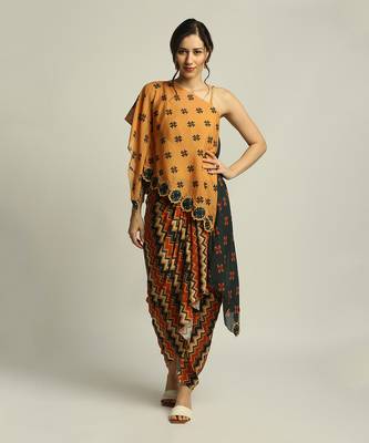 Orange Black tiraz Printed One Shoulder Top With Drape Skirt 1