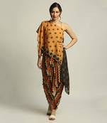 Orange Black tiraz Printed One Shoulder Top With Drape Skirt