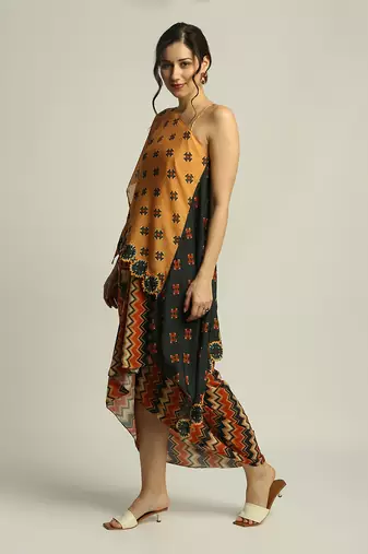 Orange Black tiraz Printed One Shoulder Top With Drape Skirt
