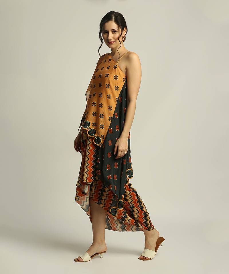 Orange Black tiraz Printed One Shoulder Top With Drape Skirt
