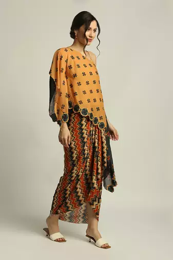 Orange Black tiraz Printed One Shoulder Top With Drape Skirt