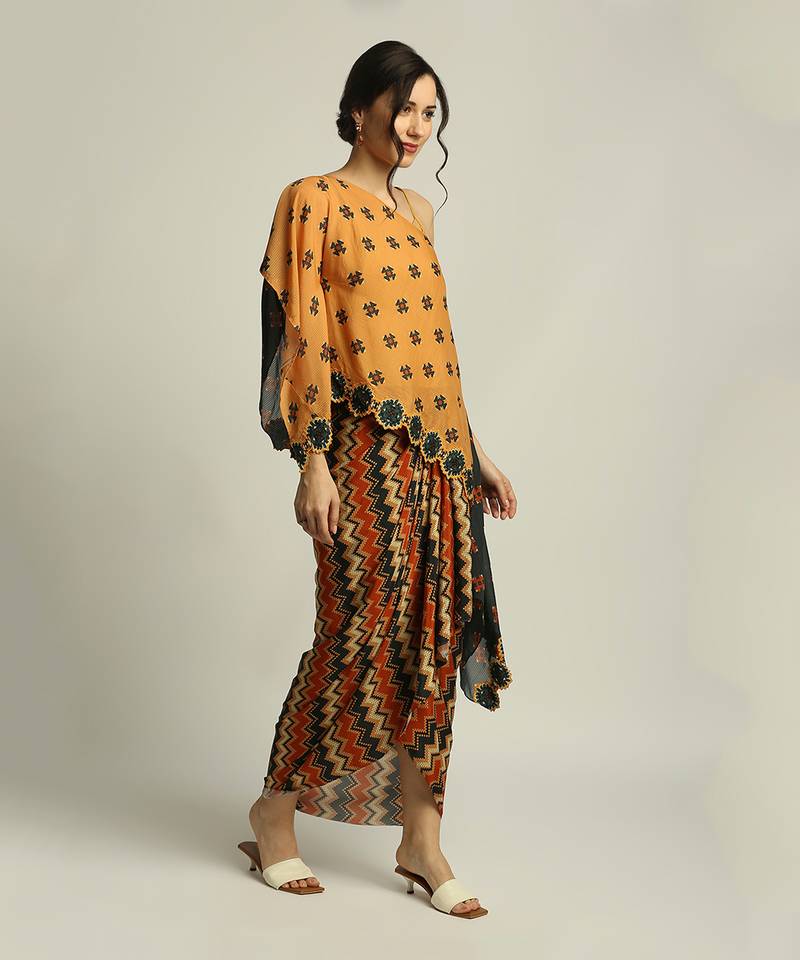 Orange Black tiraz Printed One Shoulder Top With Drape Skirt