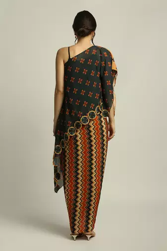 Orange Black tiraz Printed One Shoulder Top With Drape Skirt