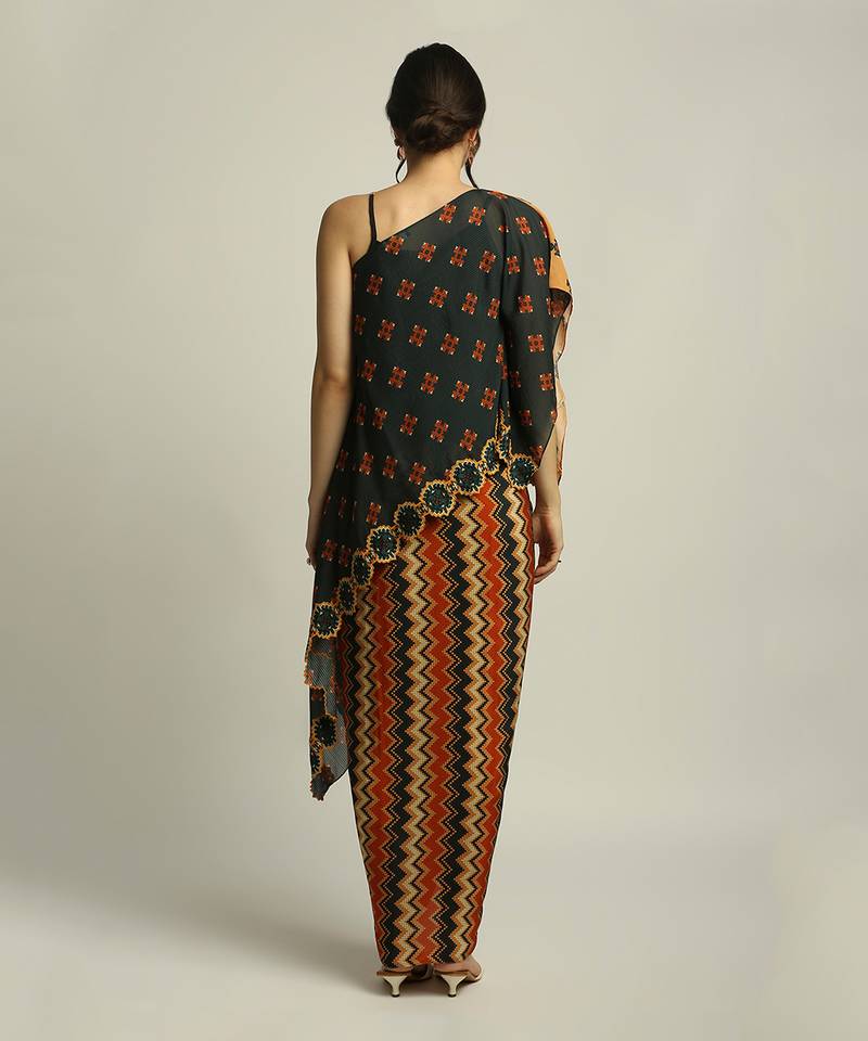 Orange Black tiraz Printed One Shoulder Top With Drape Skirt
