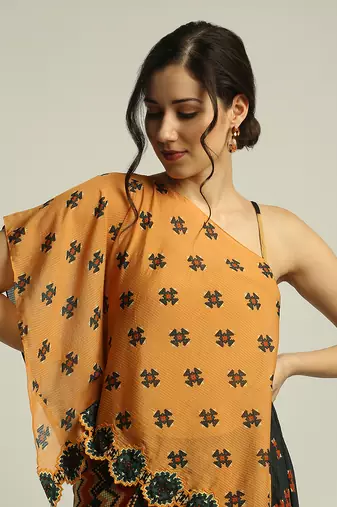 Orange Black tiraz Printed One Shoulder Top With Drape Skirt