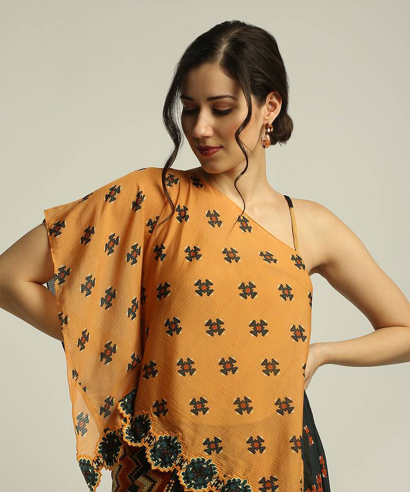 Orange Black tiraz Printed One Shoulder Top With Drape Skirt