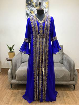 Royal Blue Bell Sleeves Moroccan Kaftan  With Sun Proof Hijab 1