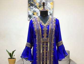 Royal Blue Bell Sleeves Moroccan Kaftan  With Sun Proof Hijab 2