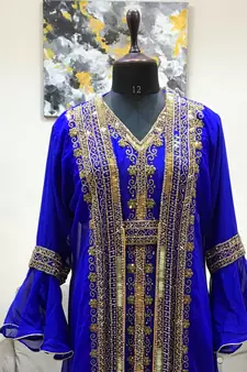 Royal Blue Bell Sleeves Moroccan Kaftan  With Sun Proof Hijab