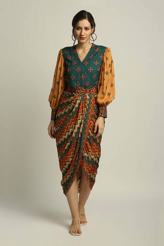 Tiraz Printed Drape Dress With Belt