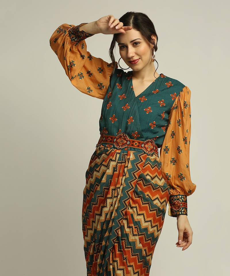 Tiraz Printed Drape Dress With Belt