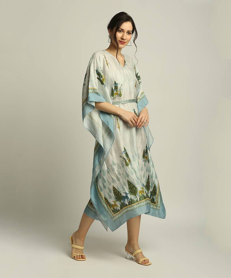 Sage Green nature Collective Printed Kaftan With Belt