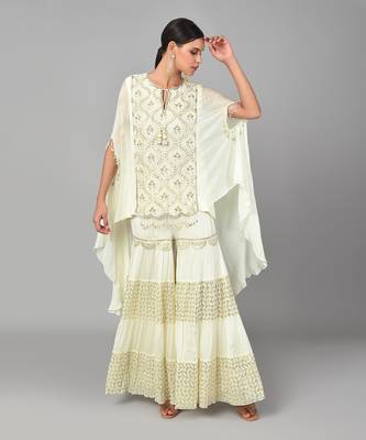 Ivory Gold Embellished High Low Cape Set 1