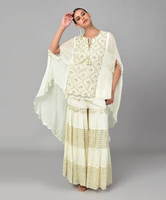 Ivory Gold Embellished High Low Cape Set 2