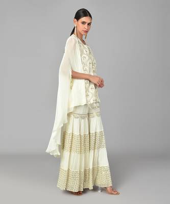 Ivory Gold Embellished High Low Cape Set 3