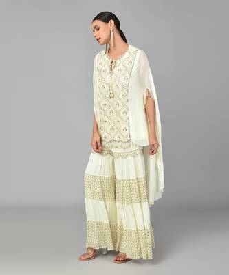 Ivory Gold Embellished High Low Cape Set 4