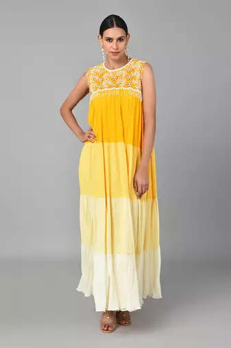 Ivory Bead Embellished Yellow Ombr   Dress