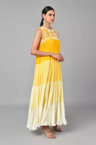 Ivory Bead Embellished Yellow Ombr   Dress