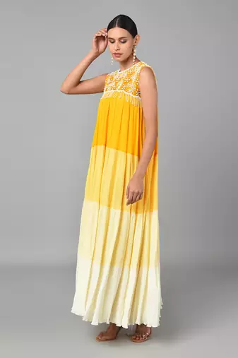 Ivory Bead Embellished Yellow Ombr   Dress
