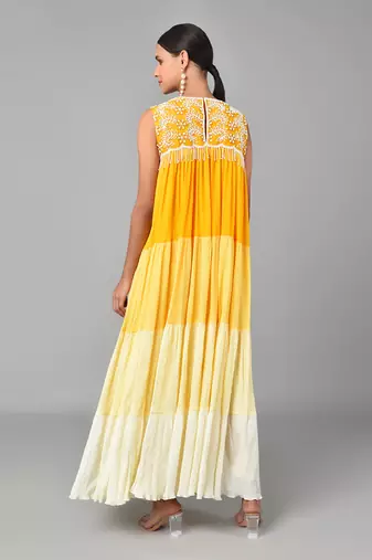 Ivory Bead Embellished Yellow Ombr   Dress