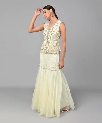 Ivory Bronze Bead Embellished Peplum Set 4