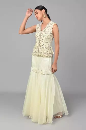 Ivory Bronze Bead Embellished Peplum Set