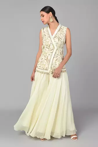 Ivory Bronze Bead Embellished Overlap Tunic Set