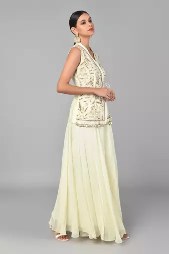 Ivory Bronze Bead Embellished Overlap Tunic Set