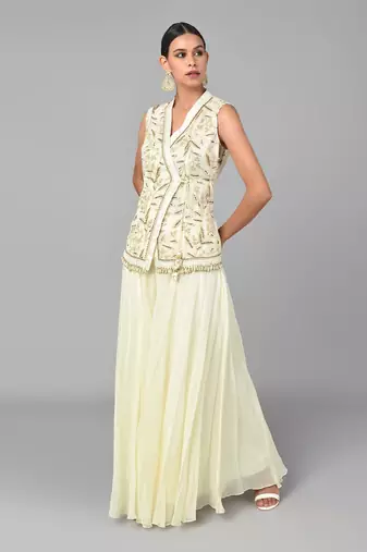 Ivory Bronze Bead Embellished Overlap Tunic Set