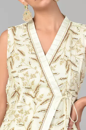 Ivory Bronze Bead Embellished Overlap Tunic Set