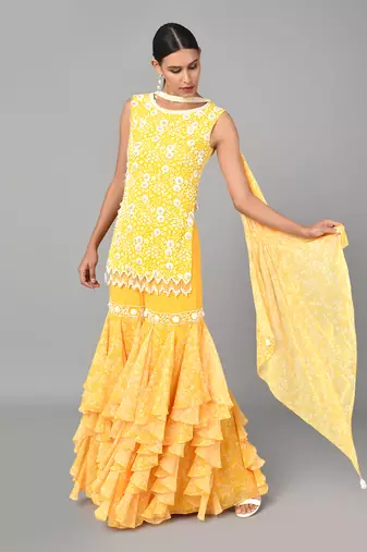 Ivory Bead Sequins Embellished Printed Set