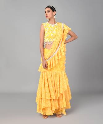 Ivory Bead Sequins Embellished Printed Drape Saree Set 2