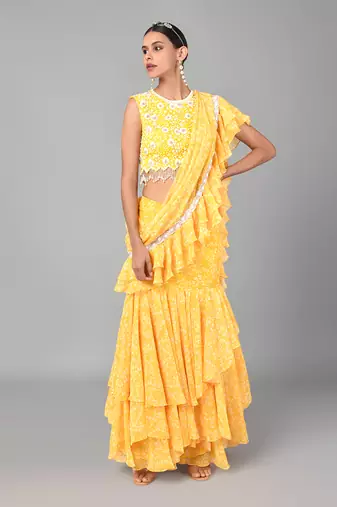 Ivory Bead Sequins Embellished Printed Drape Saree Set