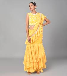 Ivory Bead Sequins Embellished Printed Drape Saree Set