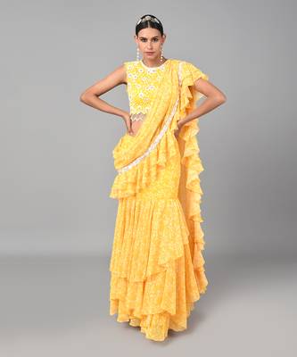 Ivory Bead Sequins Embellished Printed Drape Saree Set 1