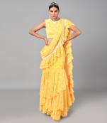 Ivory Bead Sequins Embellished Printed Drape Saree Set