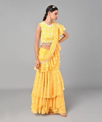 Ivory Bead Sequins Embellished Printed Drape Saree Set 3