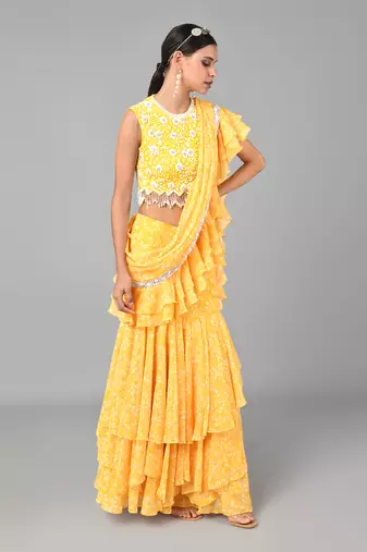 Ivory Bead Sequins Embellished Printed Drape Saree Set