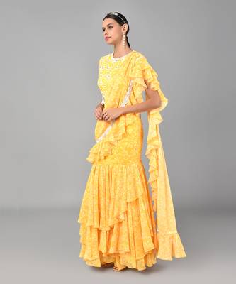 Ivory Bead Sequins Embellished Printed Drape Saree Set 4