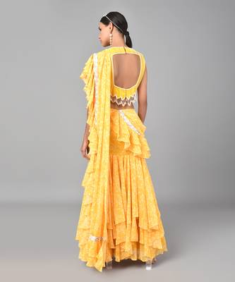 Ivory Bead Sequins Embellished Printed Drape Saree Set 5
