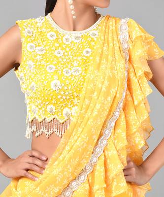 Ivory Bead Sequins Embellished Printed Drape Saree Set 6