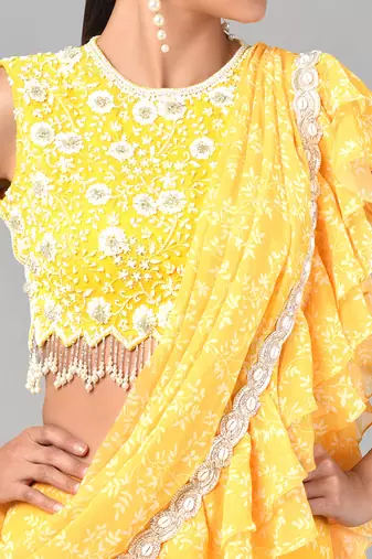 Ivory Bead Sequins Embellished Printed Drape Saree Set