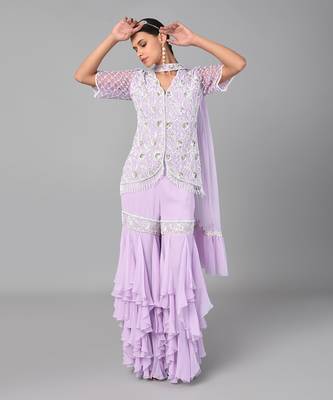 Ivory Bead Gold Sequins Heavy Embroidered Lilac Georgette Set 1