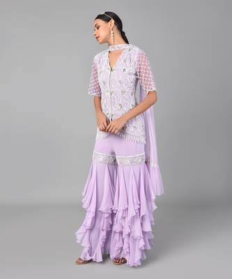 Ivory Bead Gold Sequins Heavy Embroidered Lilac Georgette Set 2
